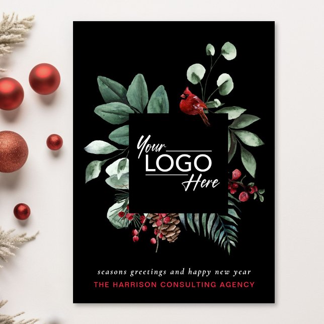 Business Logo Christmas Red Cardinal Black Holiday Card (Spread the joy of the season and strengthen business relationships with our elegant holiday card)