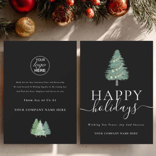 Business Logo Christmas Tree Festive Lights Black Holiday Card