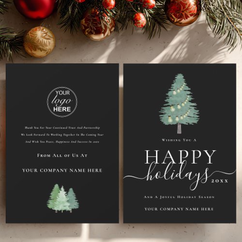 Business Logo Christmas Tree Festive Lights Black Holiday Card
