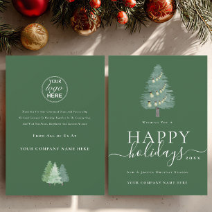 Business Logo Christmas Tree Festive Lights Green Holiday Card