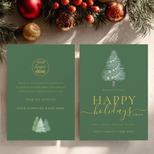 Business Logo Christmas Tree Gold Script Green Holiday Card