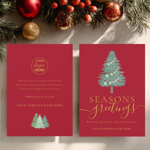 Business Logo Christmas Tree Seasons Greetings Red Holiday Card