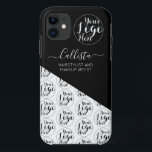 Business Logo Color Block Pattern Name Title Case- iPhone 11 Case<br><div class="desc">This modern and simple business phone case is perfect for any hairstylist, makeup artist, nail tech, esthetician, aesthetician, baker, cook, and many more professions. It features a place for your logo at the top, with your name and title on top of a black diagonal cute color block with a pattern...</div>