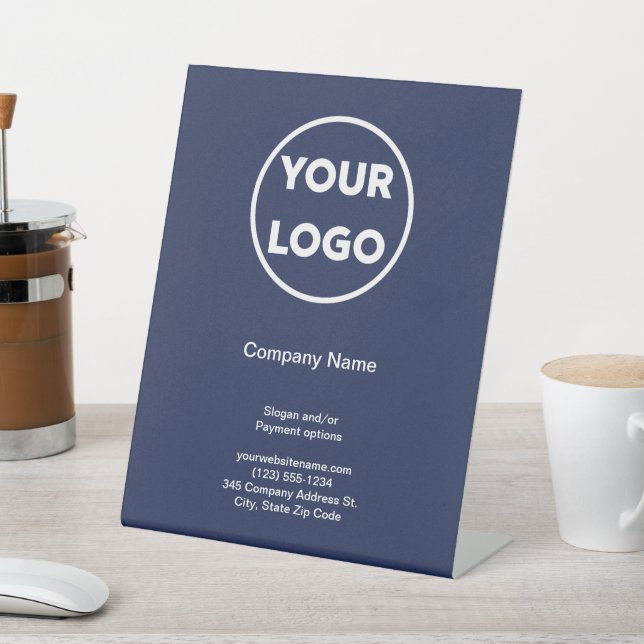Business Logo Company Name Navy Promotional Store Pedestal Sign (In SItu)