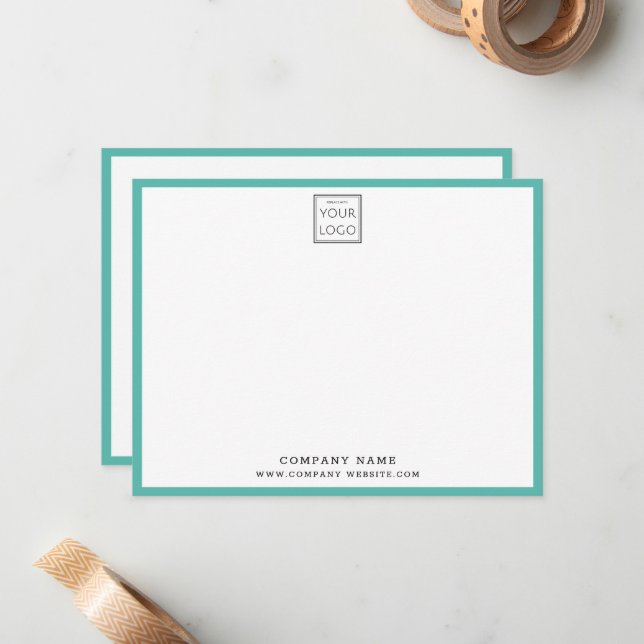 Business Logo Company Name Teal Border Note Card (Front/Back In Situ)