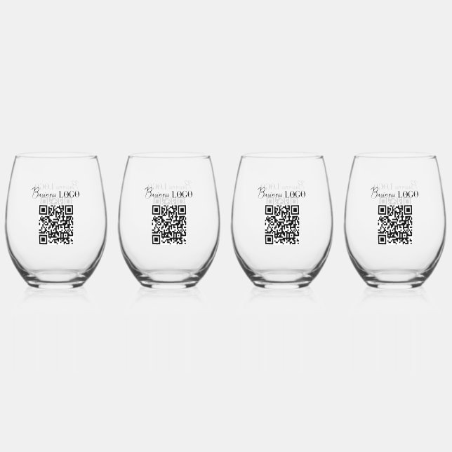 Business Logo Company Promotional QR Code Stemless Wine Glass (Front)