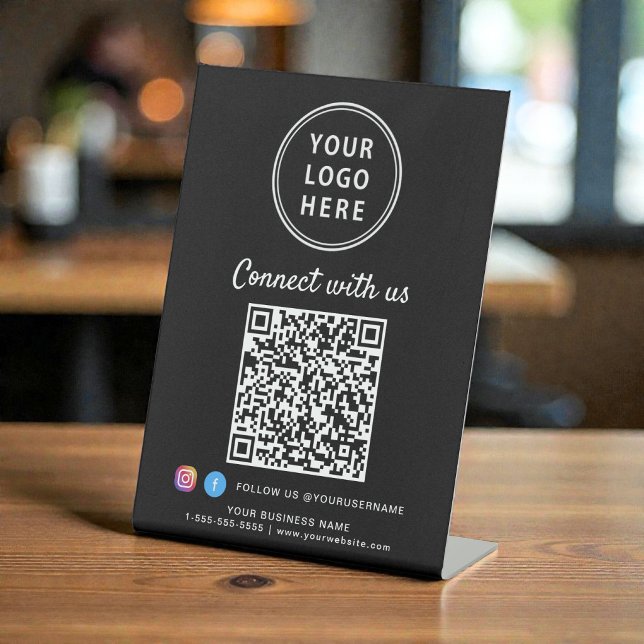 Business Logo Connect With Us QR Code Tabletop Pedestal Sign (Your link. Your brand. One scan. Custom QR code sign — auto-generated from any URL)