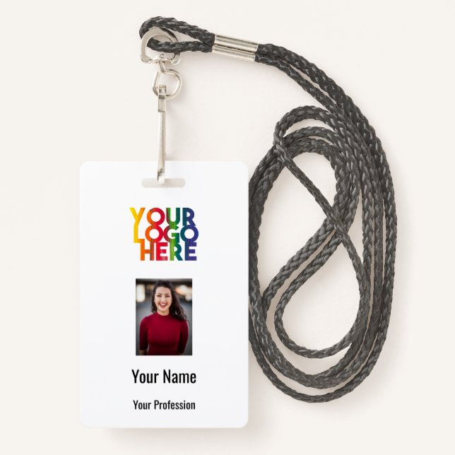 Business Logo Custom Employee Photo Barcode Name Badge (Front with Lanyard)