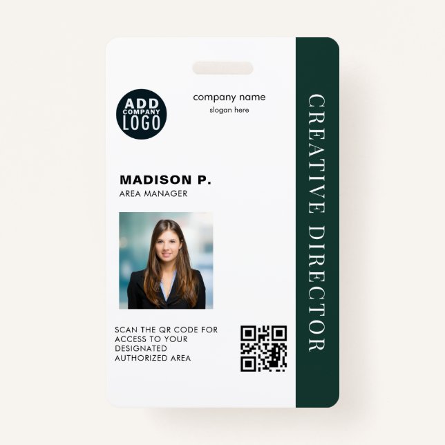 Business Logo Custom QR Code Photo Employee ID Badge (Front)