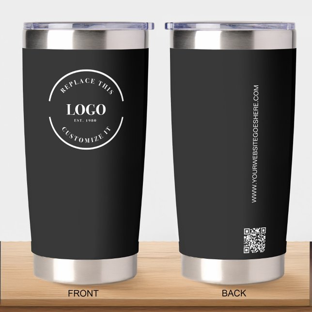 Business logo Custom QR code website black Insulated Tumbler (Branded travel insulated tumblers with white logo, website and QR code. front back shown.)