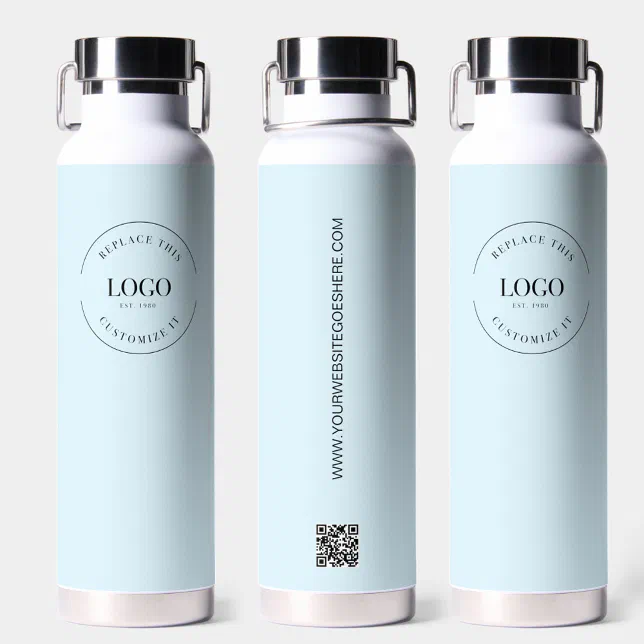 Business logo Custom QR code website blue Water Bottle | Zazzle