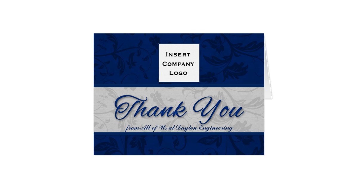 Business Logo Custom Thank You Blue Damask Card Zazzle