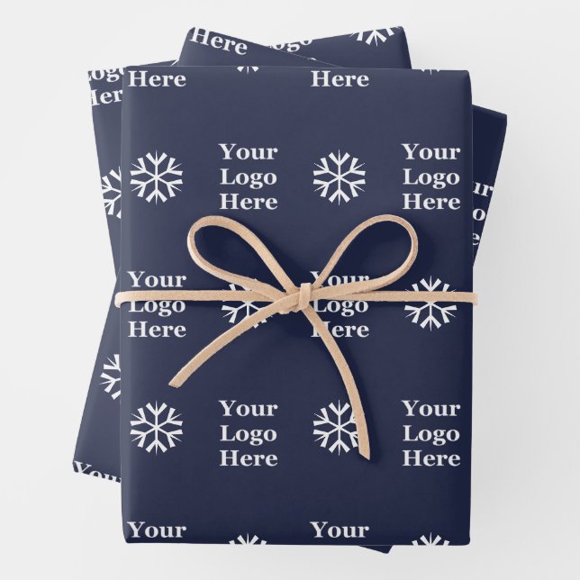Business Logo Dark Blue White Christmas Snowflakes Wrapping Paper Sheets (In situ)