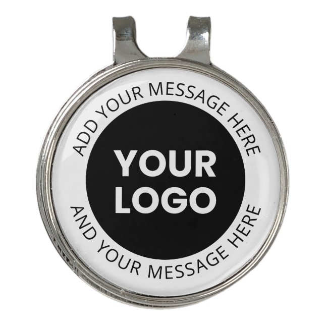 Business Logo & Editable Text  White & Black Golf Hat Clip (Front)