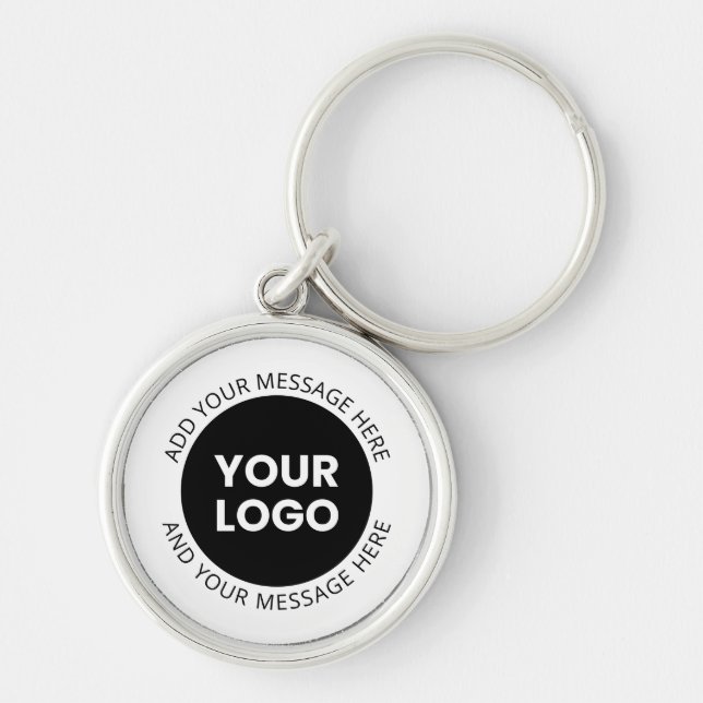 Business Logo & Editable Text  White & Black Keychain (Front)