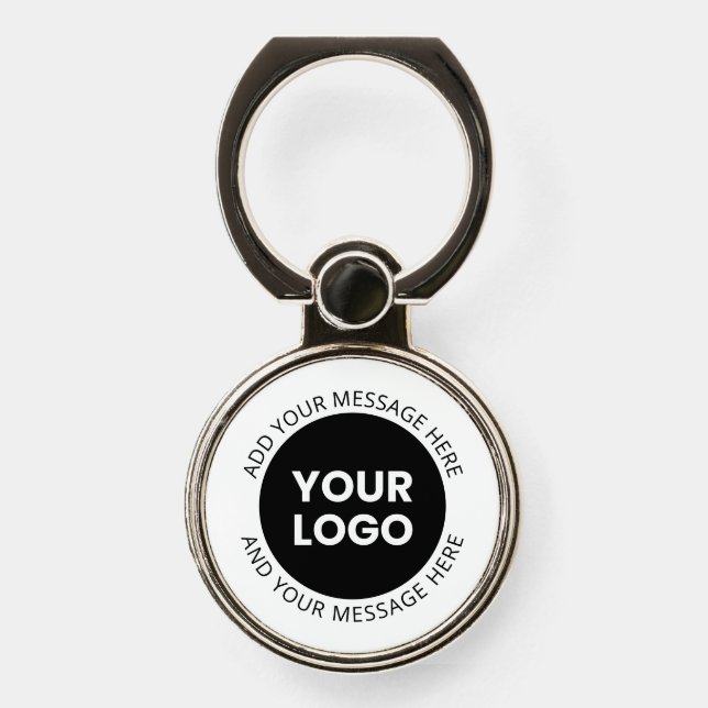 Business Logo & Editable Text  White & Black Phone Ring Stand (Front)