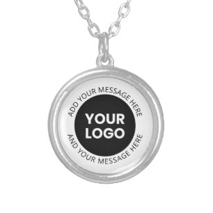 Business Logo & Editable Text White & Black Silver Plated Necklace