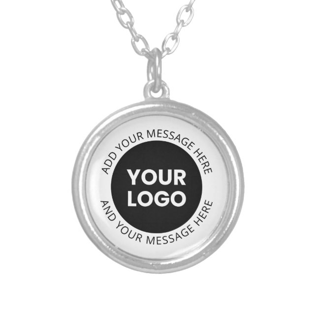 Business Logo & Editable Text  White & Black Silver Plated Necklace (Front)