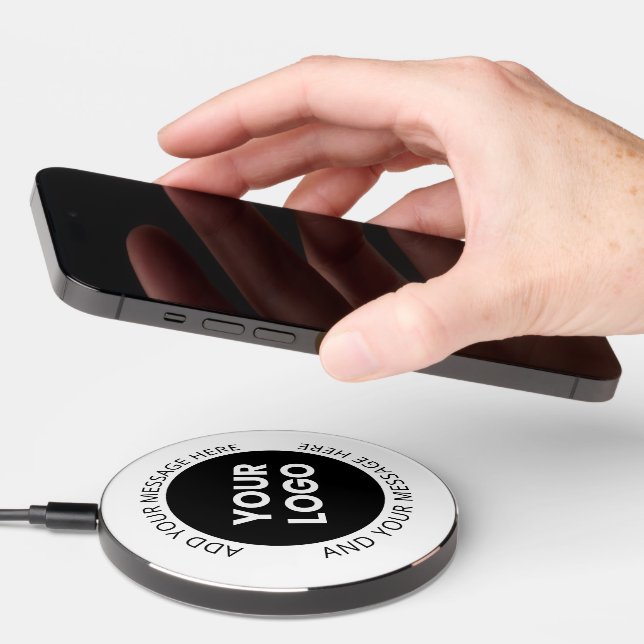 Business Logo & Editable Text  White & Black Wireless Charger (Hand)