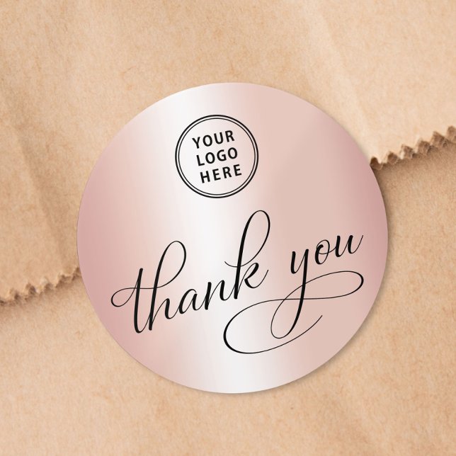 Business Logo Elegant Rose Gold Thank You Classic Round Sticker (Creator Uploaded)
