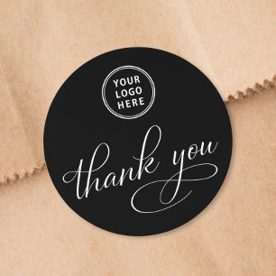 Business Logo Elegant Script Black Thank You Classic Round Sticker