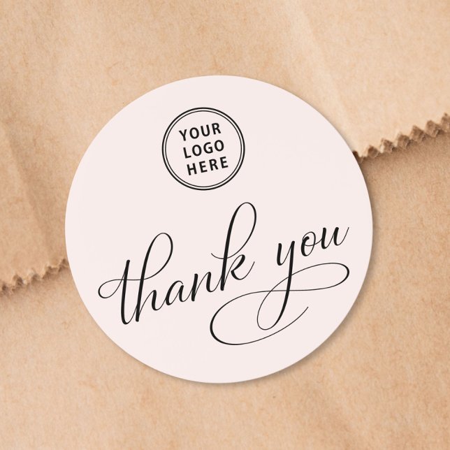 Business Logo Elegant Script Pink Thank You Classic Round Sticker (Creator Uploaded)