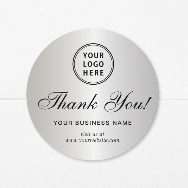 Business Logo Elegant Script Silver Thank You Classic Round Sticker (Creator Uploaded)