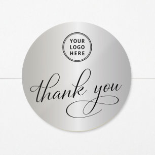 Business Logo Elegant Silver Thank You Classic Round Sticker