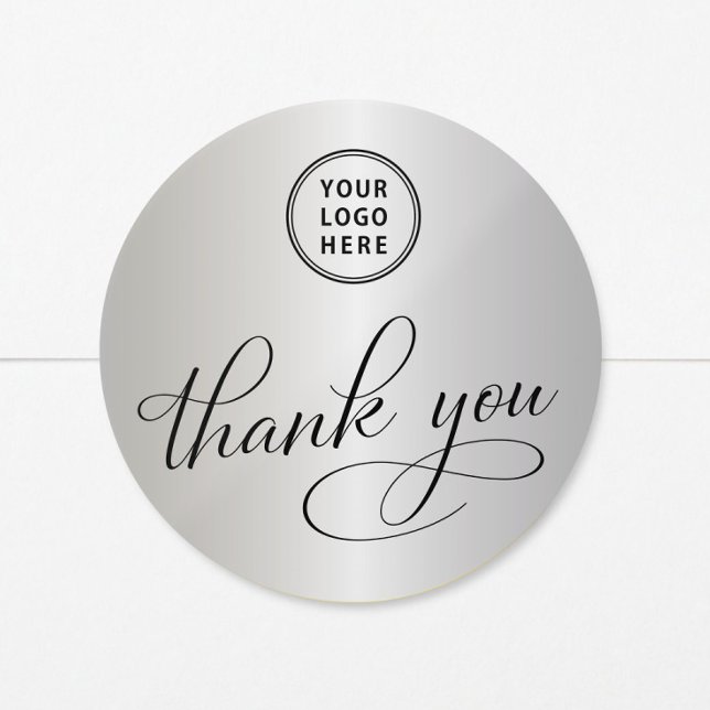 Business Logo Elegant Silver Thank You Classic Round Sticker (Creator Uploaded)