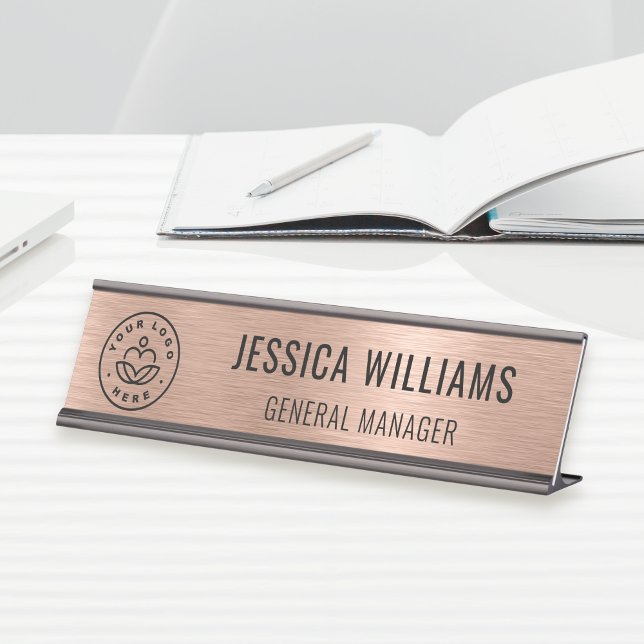 Business Logo Elegant Staff Faux Brushed Rose Gold Desk Name Plate (Creator Uploaded)