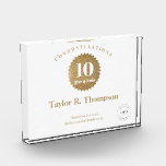 Business logo Employee 10 years of service Gold  Acrylic Award<br><div class="desc">Celebrate an employee's exceptional 10 years of dedicated service with our Employee 10 Years of Service Gold Seal Custom Logo Acrylic Award. This elegant and customizable trophy-style acrylic block is the perfect way to recognize their significant milestone and convey your appreciation. The award features a sleek clear, gold and clear...</div>