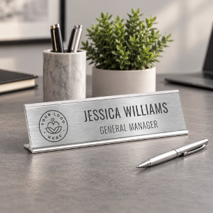 Business Logo Employee Elegant Faux Brushed Silver Desk Name Plate