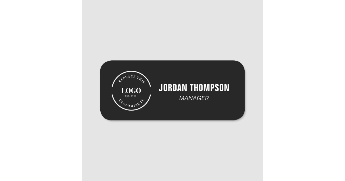 Business logo Employee ID Custom black Name Tag | Zazzle