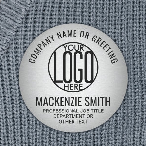 Business Logo Employee ID Faux Metal Silver Round Name Tag