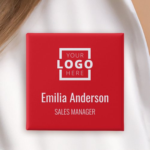 Business Logo Employee Staff Name Badge Red Button