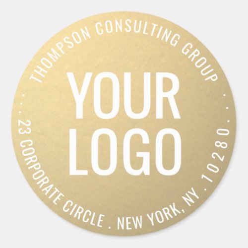 Business Logo Faux Gold Foil Return Address Labels - Represent your business in style  with these elegant gold faux foil return address labels / envelope seals.  Your company logo appears in the center of the circle. Image and text are simple to customize for small business or corporate use.  For best results, upload a logo image that is all white with a transparent background. IF YOU NEED TO CHANGE YOUR LOGO BACKGROUND FROM WHITE TO TRANSPARENT, SEE INSTRUCTIONS BELOW. Return address info can be changed to a slogan, website, phone number, social media user name, or other text. Stylish circle design with modern typography adds a chic personalized touch to mailers, greeting cards, invitations, gift baskets, thank you notes, and other correspondence.

TO CHANGE LOGO BACKGROUND FROM WHITE TO TRANSPARENT:  Click "Personalize" or "Personalize this template", then scroll down and choose "Click to customize further."  In column on left hand side click "Your Logo." On the menu at the right under "Remove white from image," choose either "Background only" or "All white in image." When finished, click "Done."