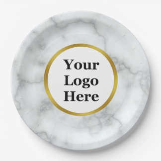Business Logo Faux Gold & White Marble Paper Plates