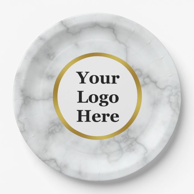 Business Logo Faux Gold & White Marble Paper Plates (Front)