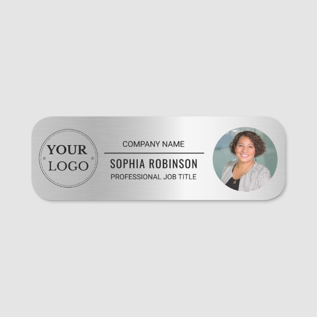 Business Logo Faux Silver Employee Photo Name Tag (Front)