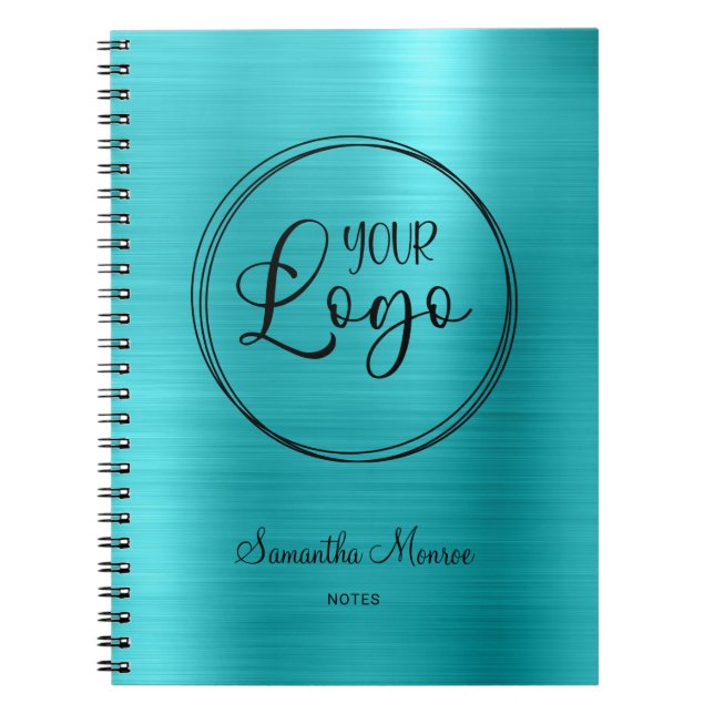 Business Logo Faux Turquoise Blue Foil Meeting Notebook (Front)