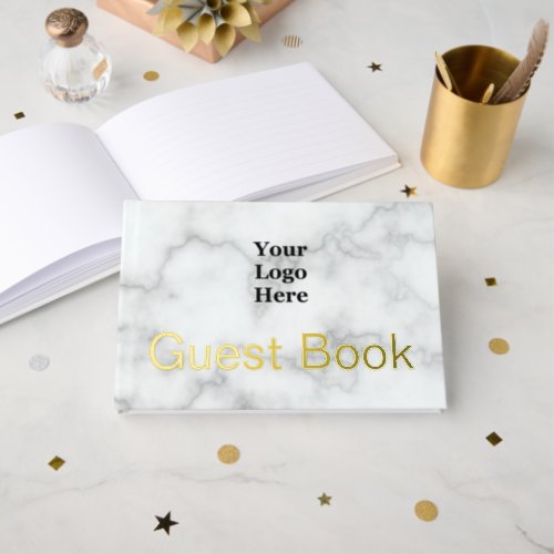 Business Logo Faux White Marble and Gold Text Foil Guest Book