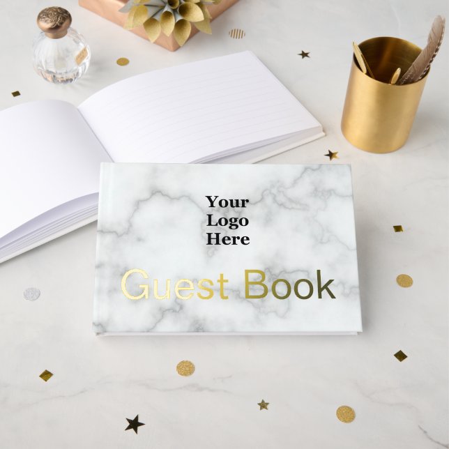 Business Logo Faux White Marble and Gold Text Foil Guest Book (Front Open)