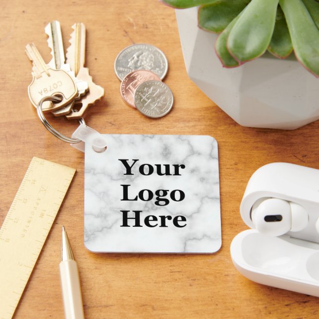 Business Logo Faux White Marble Branded Template Keychain (Desk)