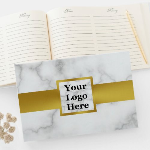 Business Logo Faux White Marble Gold Corporate Guest Book