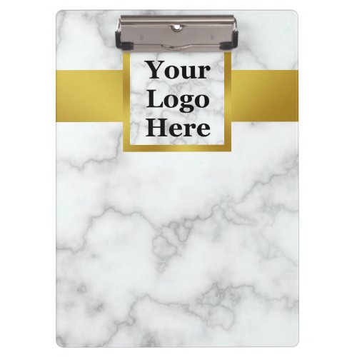 Business Logo Faux White Marble Gold Professional Clipboard