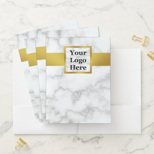 Business Logo Faux White Marble Gold Professional Pocket Folder