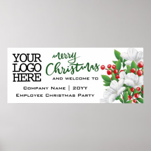 Business Logo Floral Green Red Merry Christmas Poster