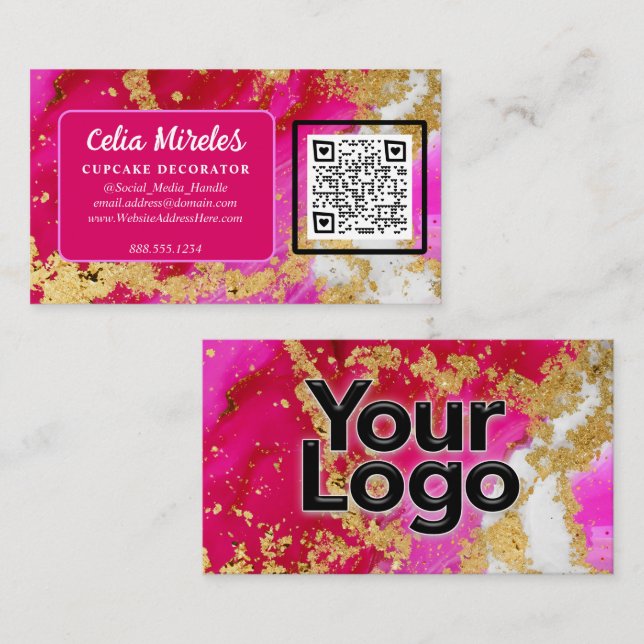 Business Logo Gold Elegance Pink Geode QR Code Enclosure Card (Front/Back)