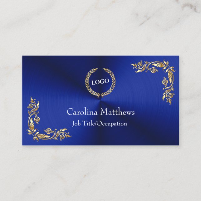 Business Logo Gold Foil Floral Corner Blue Card (Front)