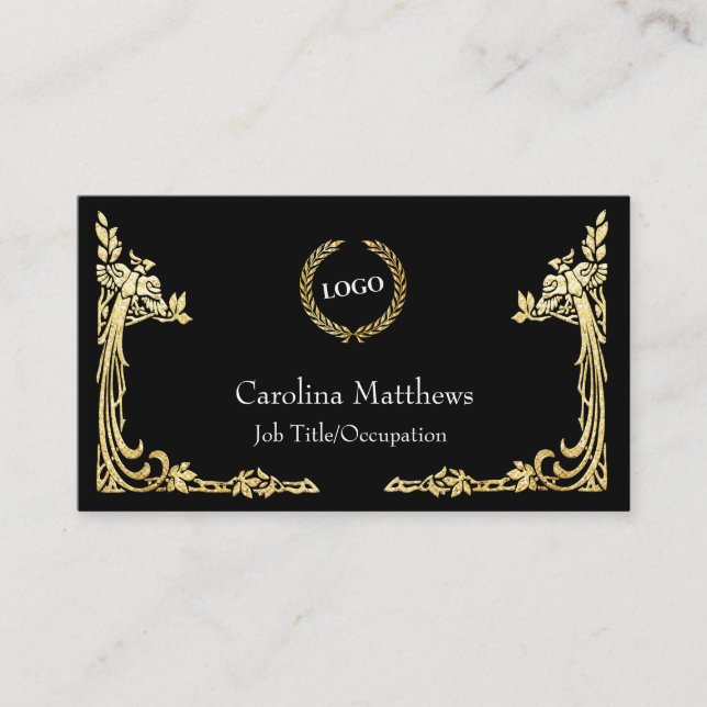 Business Logo Gold Foil Peacock Corner Black Business Card (Front)